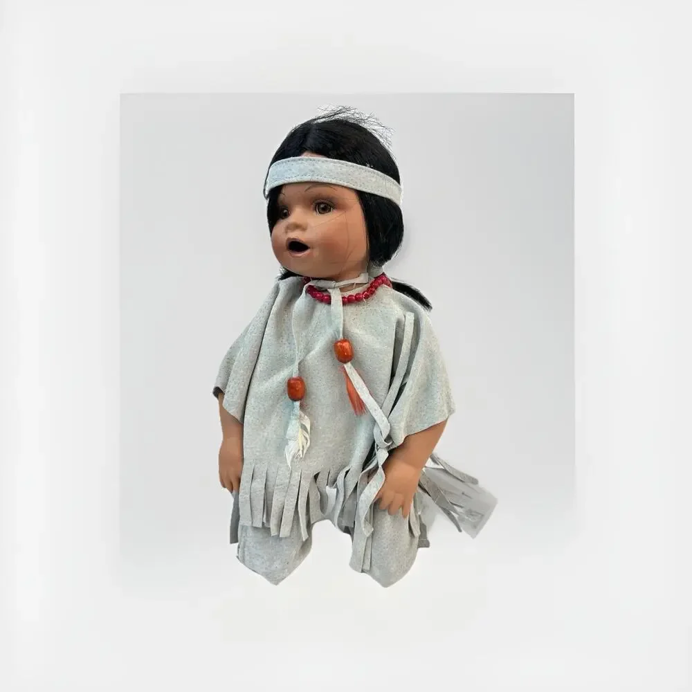 Vintage Native American Style Doll 12” – Feather Defect – Signed Neck Mark